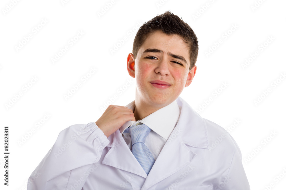 boy doctor pulling his collar because uncomfortable boy doctor pulling his collar because uncomfortable