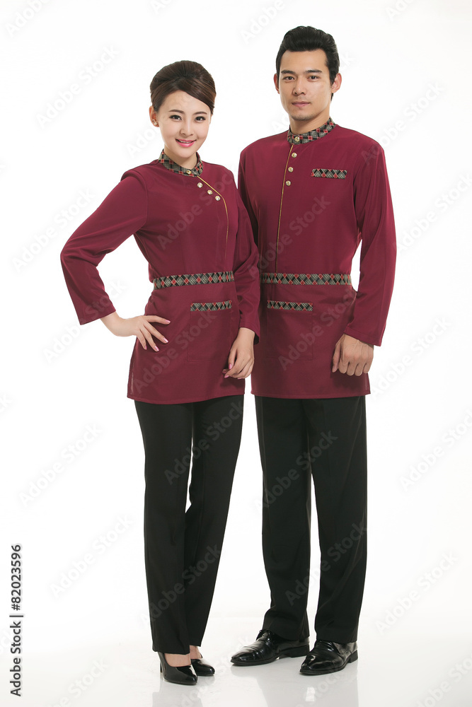 Wear clothing occupation Chinese waiters in white background Wear clothing occupation Chinese waiters in white background