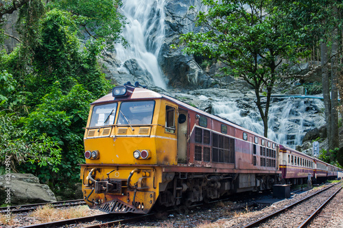 train passes through the mountain and cascade landscape