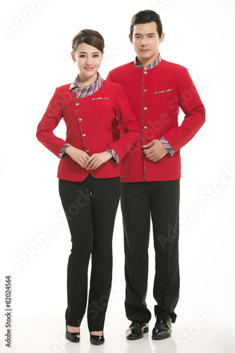 Wear clothing occupation Chinese waiters in white background