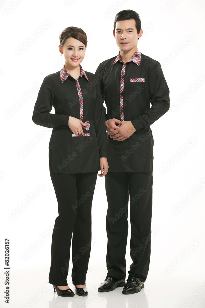 Wear clothing occupation Chinese waiters in white background Wear clothing occupation Chinese waiters in white background