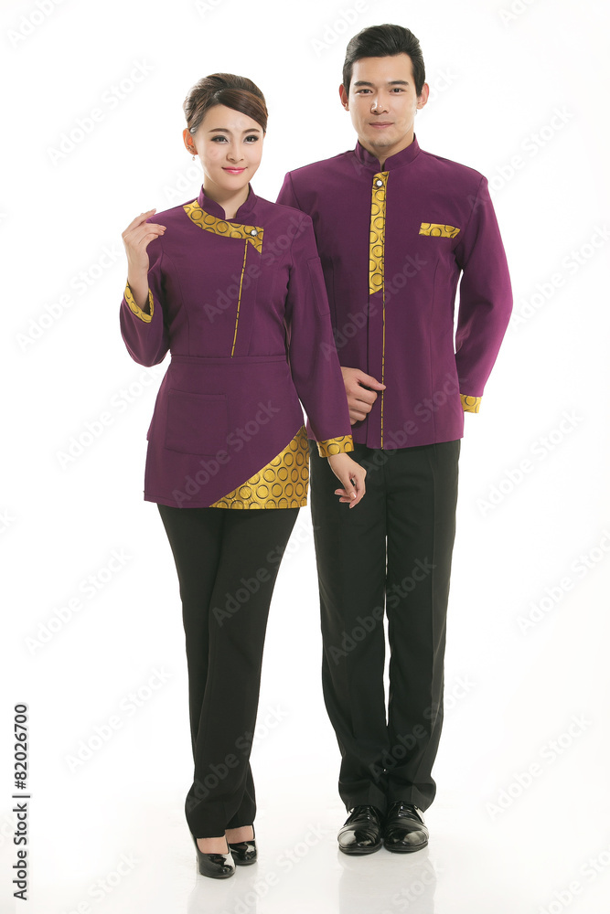 Wear clothing occupation Chinese waiters in white background Wear clothing occupation Chinese waiters in white background