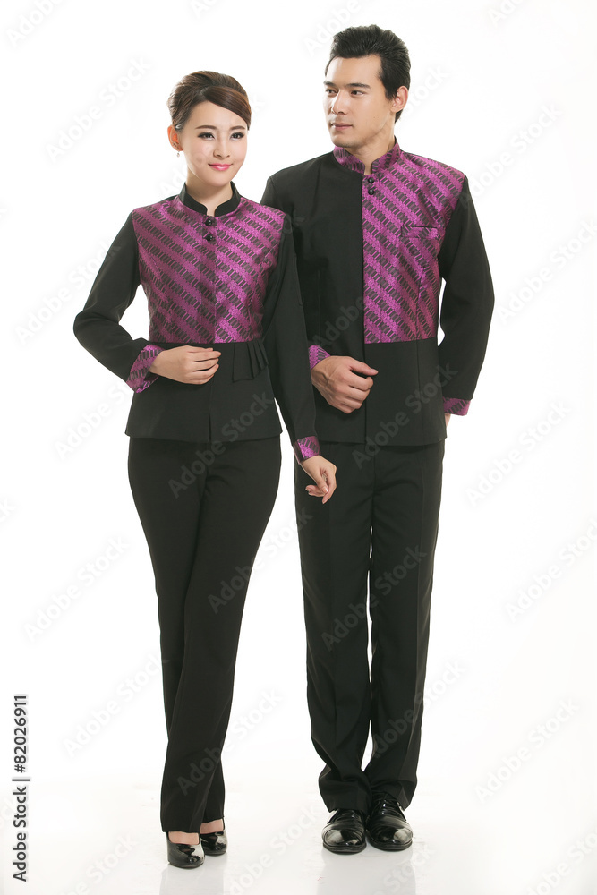Wear clothing occupation Chinese waiters in white background Wear clothing occupation Chinese waiters in white background
