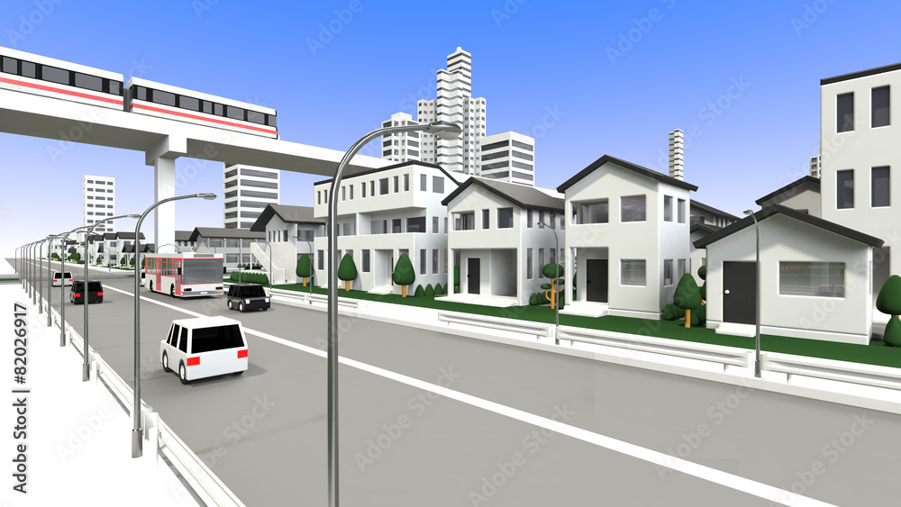 住宅街と新交通システムと車道