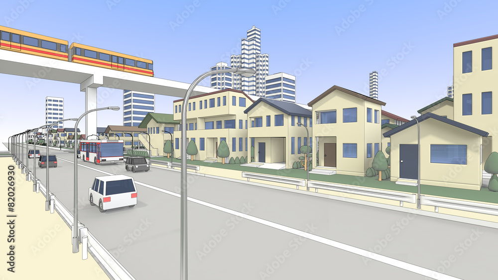 住宅街と新交通システムと車道