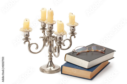 vintage candlestick books and glasses