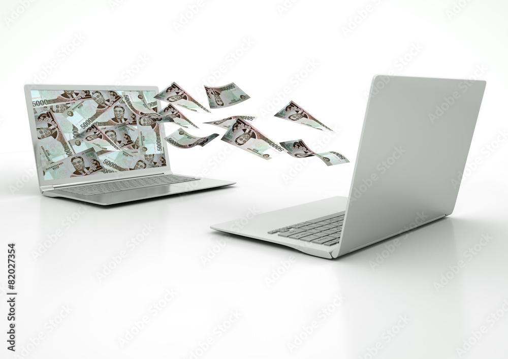 two 3D laptops transferring North Korea money banknotes isolated on white background two 3D laptops transferring North Korea money banknotes isolated on white background