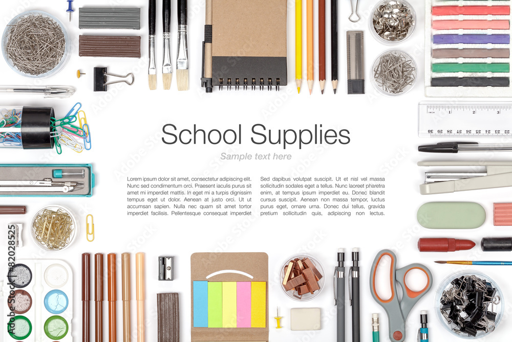 school supplies on white background top view