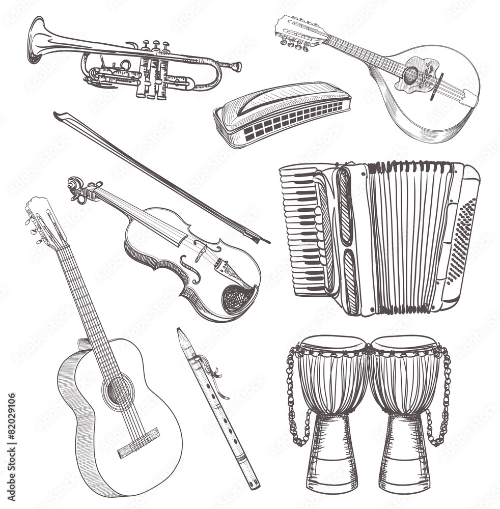 Obraz premium folk musical instruments drawing set