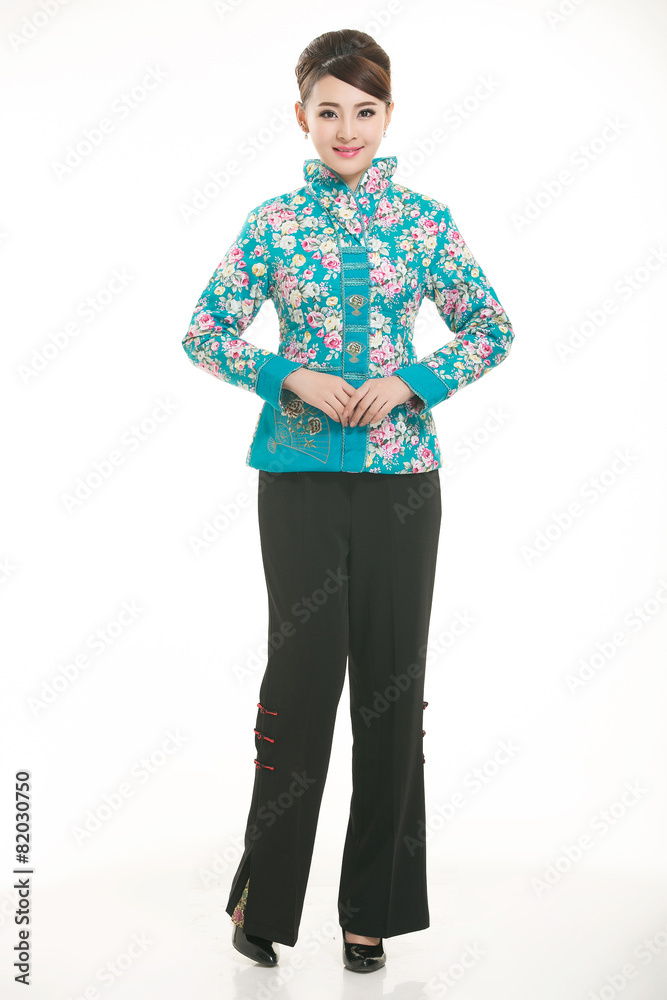 Wearing cotton padded jacket China lady in white background Wearing cotton padded jacket China lady in white background