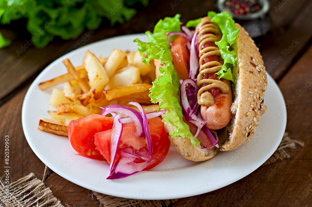 Hot Dogs with French fries on white plate, close-up Hot Dogs with French fries on white plate, close-up