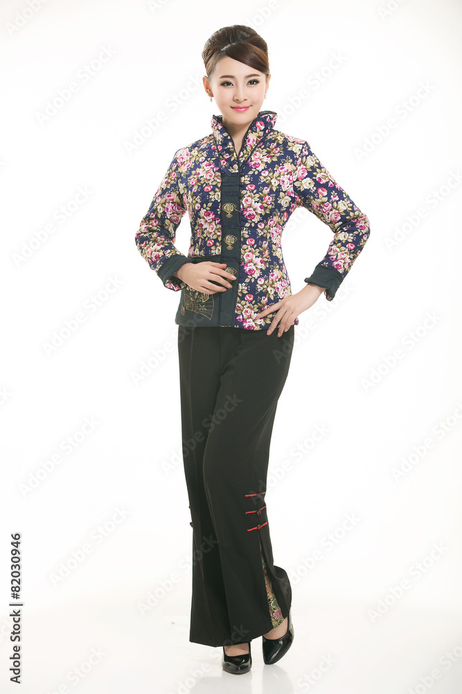 Wearing cotton padded jacket China lady in white background Wearing cotton padded jacket China lady in white background