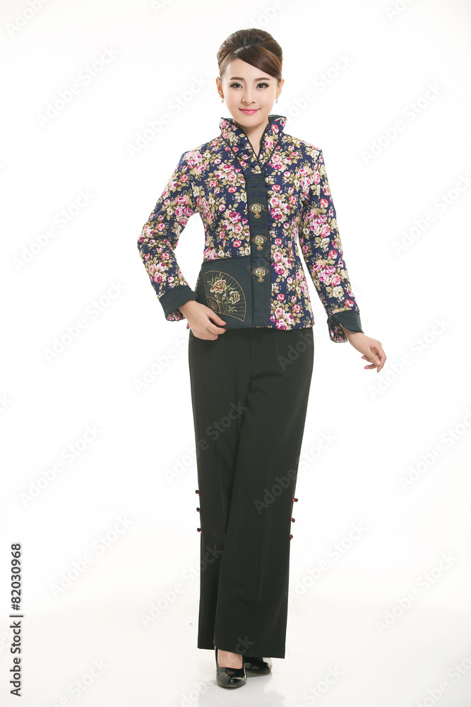 Wearing Chinese clothing waiter in front of a white background Wearing Chinese clothing waiter in front of a white background