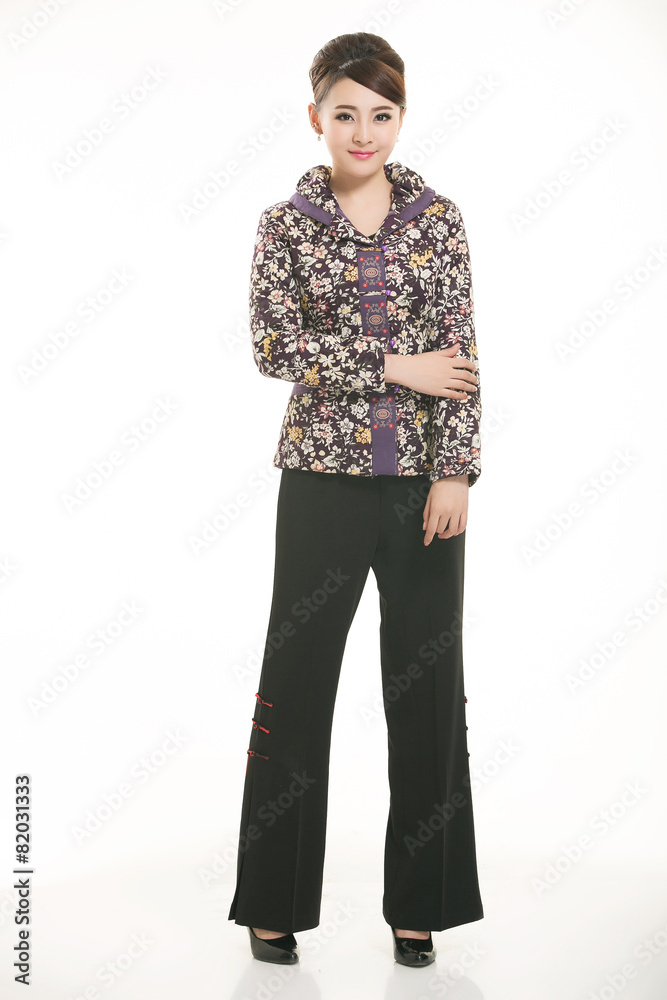Wearing Chinese clothing waiter in front of a white background Wearing Chinese clothing waiter in front of a white background