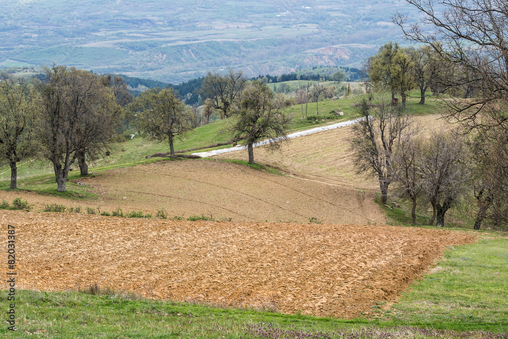 Obraz premium Small plowed fields in the countryside in Bulgaria.