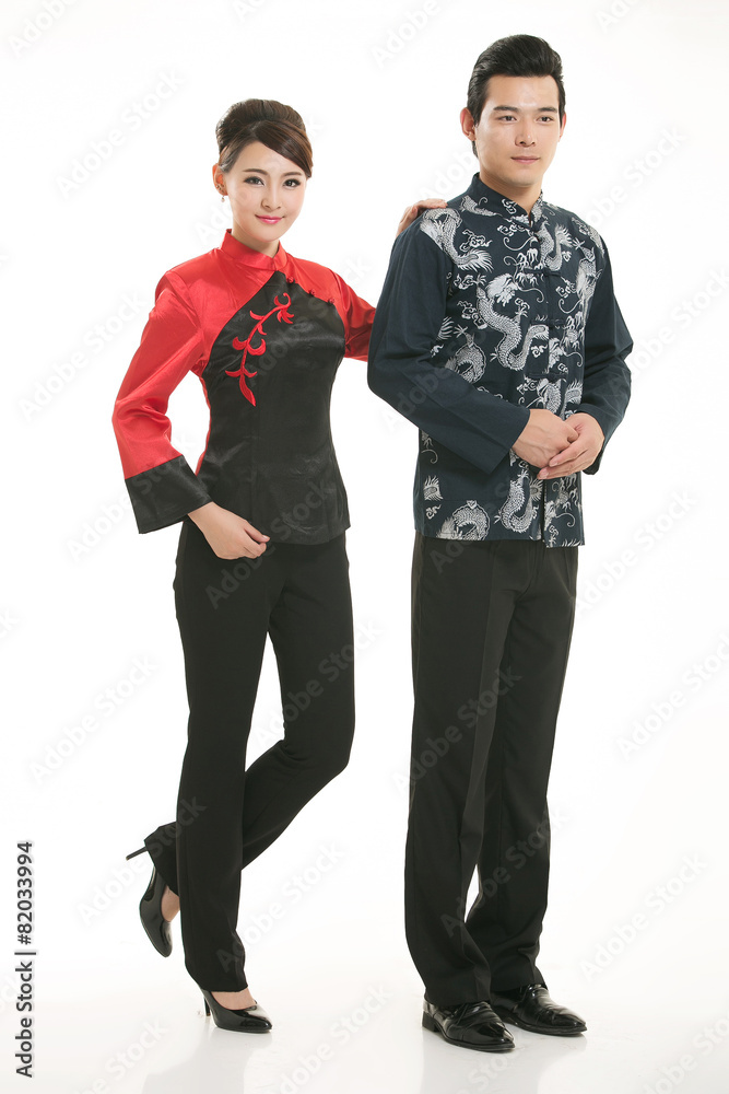 Wearing Chinese clothing waiter in front of a white background Wearing Chinese clothing waiter in front of a white background