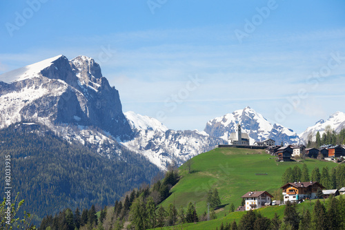  Landscape with typical italian village in Dolomites, Italy.