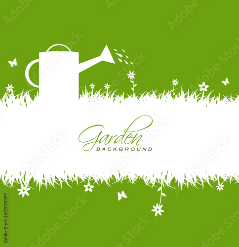Garden background with grass,flowers,butterflies ,watering can a