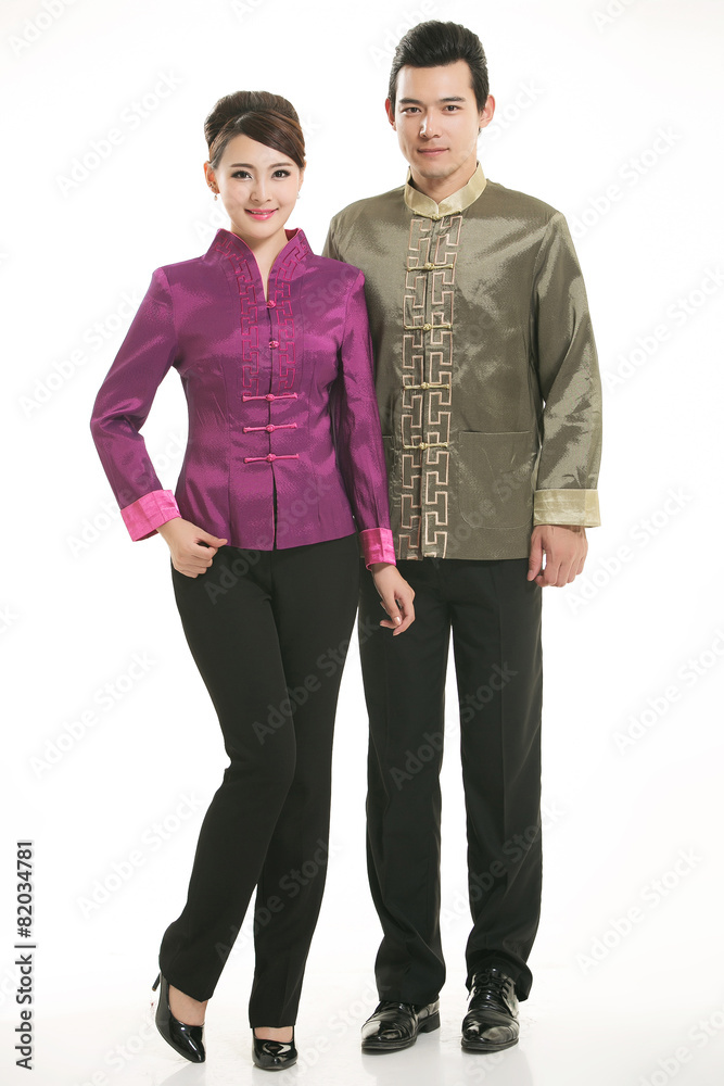 Wearing Chinese clothing waiter in front of a white background Wearing Chinese clothing waiter in front of a white background