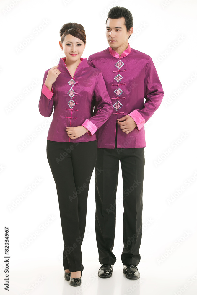 Wearing Chinese clothing waiter in front of a white background Wearing Chinese clothing waiter in front of a white background