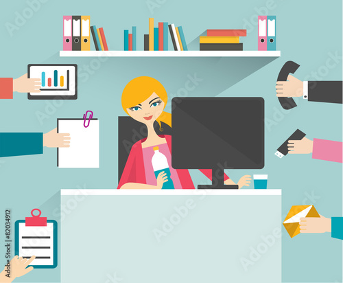 Busy secretary woman managing her work with smile and relax.