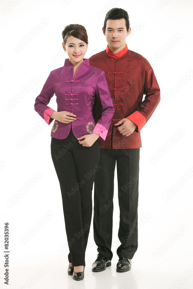 Wearing Chinese clothing waiter in front of a white background Wearing Chinese clothing waiter in front of a white background