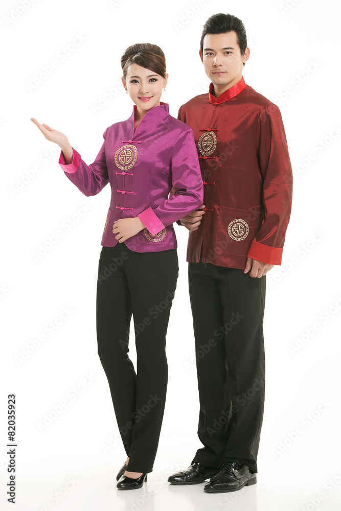 Wearing Chinese clothing waiter in front of a white background Wearing Chinese clothing waiter in front of a white background