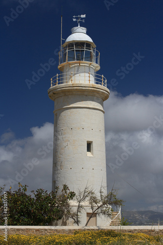 Beautiful white lighthouse in Paphos, Cyprus close-up 