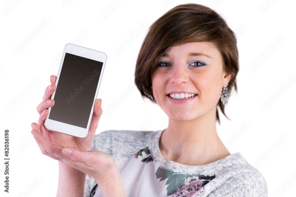 Pretty brunette showing her smartphone