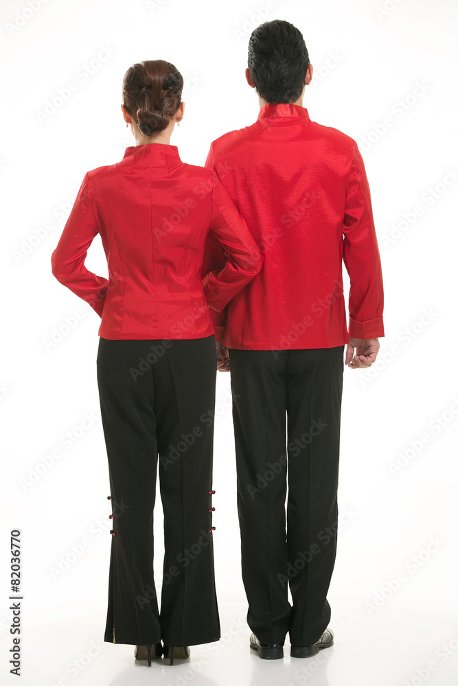 Wearing Chinese clothing waiter in front of a white background Wearing Chinese clothing waiter in front of a white background