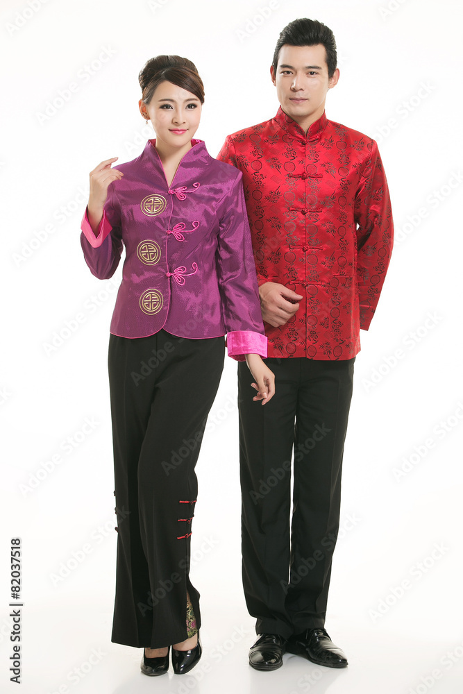 Wearing Chinese clothing waiter in front of a white background Wearing Chinese clothing waiter in front of a white background