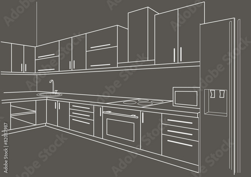 linear sketch interior kitchen on gray background