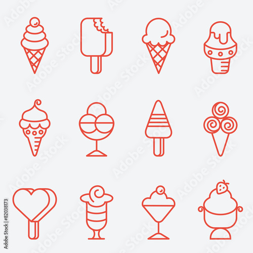 Ice cream set, thin line icons, flat design