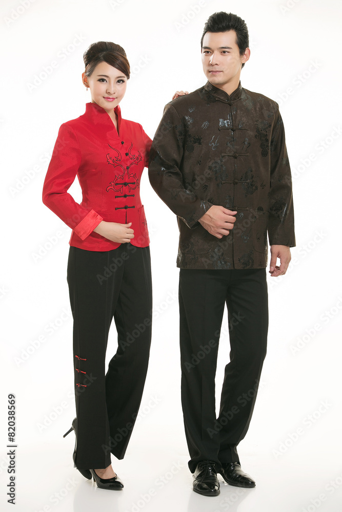 Wearing Chinese clothing waiter in front of a white background Wearing Chinese clothing waiter in front of a white background