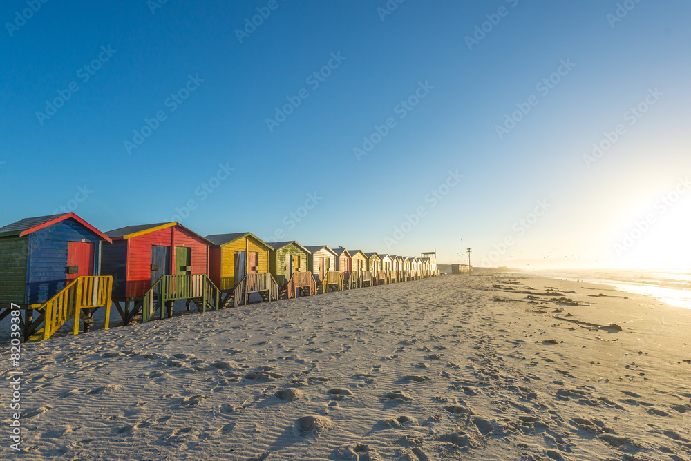 Sunrise at the famous colorful beach huts at Muizenberg Beach ou