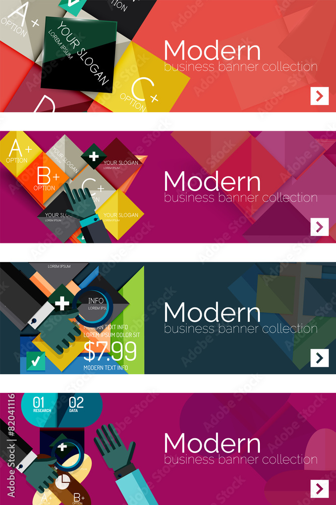 Collection of flat web infographic concepts and banners, various