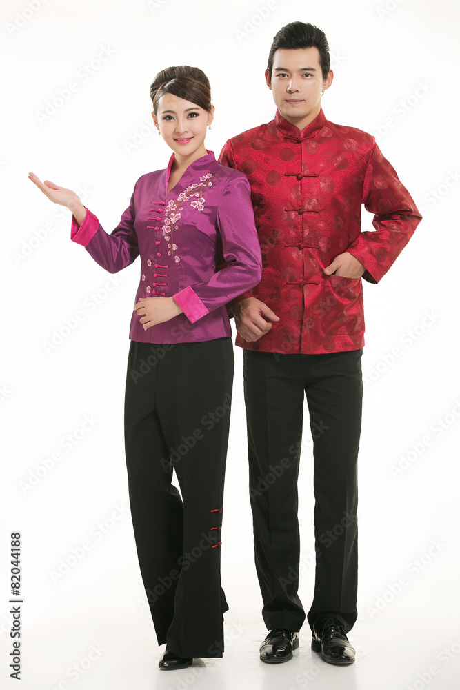 Wearing Chinese clothing waiter in front of a white background Wearing Chinese clothing waiter in front of a white background