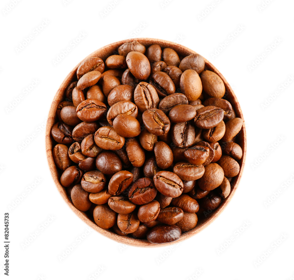 Coffee beans in small bowl isolated on white Coffee beans in small bowl isolated on white