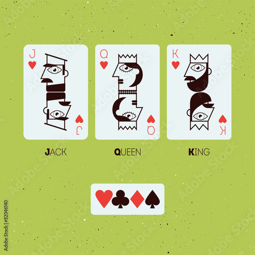 Jack, Queen and King. Stylized vector playing cards.