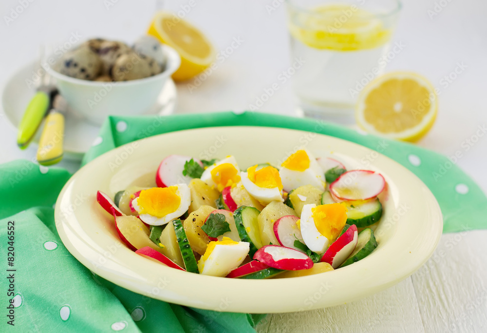 salad with cucumber, potatoes, radishes and eggs