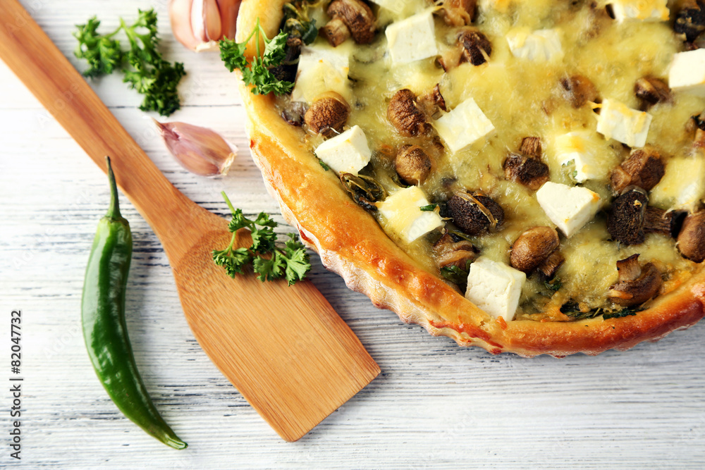 Cheese pie with mushrooms, herbs and sour creme,