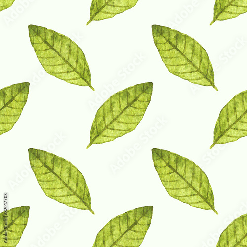 Seamless watercolor pattern with bayleaf on the white background