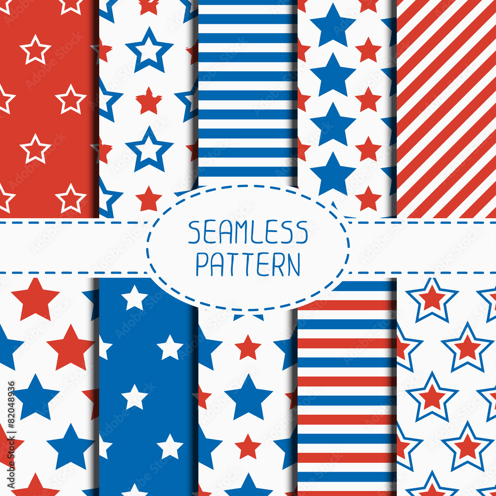 Obraz premium Set of geometric patriotic seamless pattern with red, white