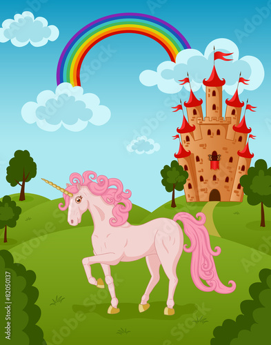Unicorn with castle and rainbow