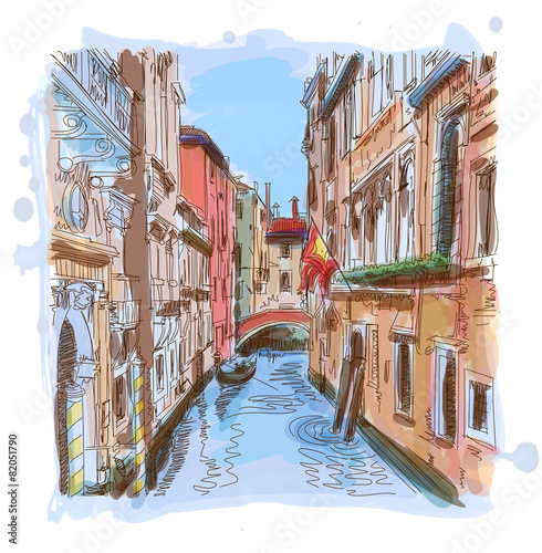 Venice - water canal, old buildings & gondola away