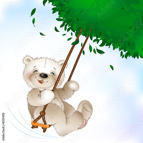 Happy Teddy bear riding on a swing