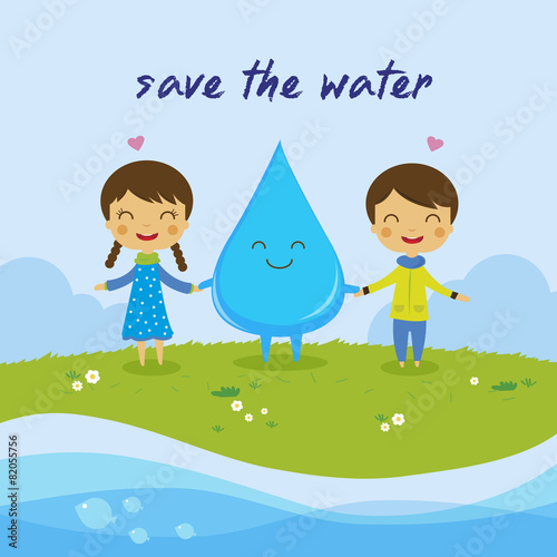 cartoon boy girl love water, Save the water-Save the world