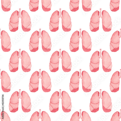 Watercolor seamless pattern with realistic human lungs on the