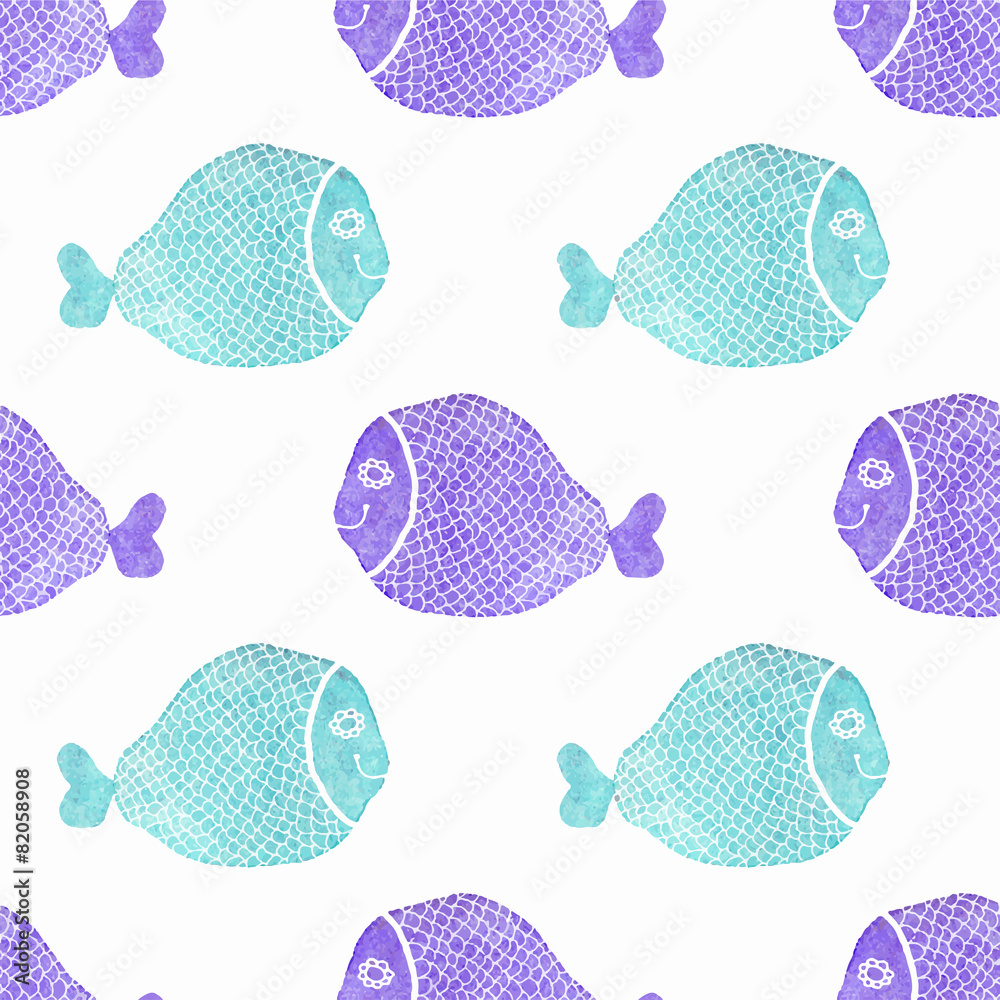 Watercolor seamless pattern with fish on the white background