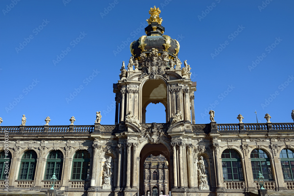 Arched tower of Crown Gate, Zwinger in Dresden, Saxony, Germany.